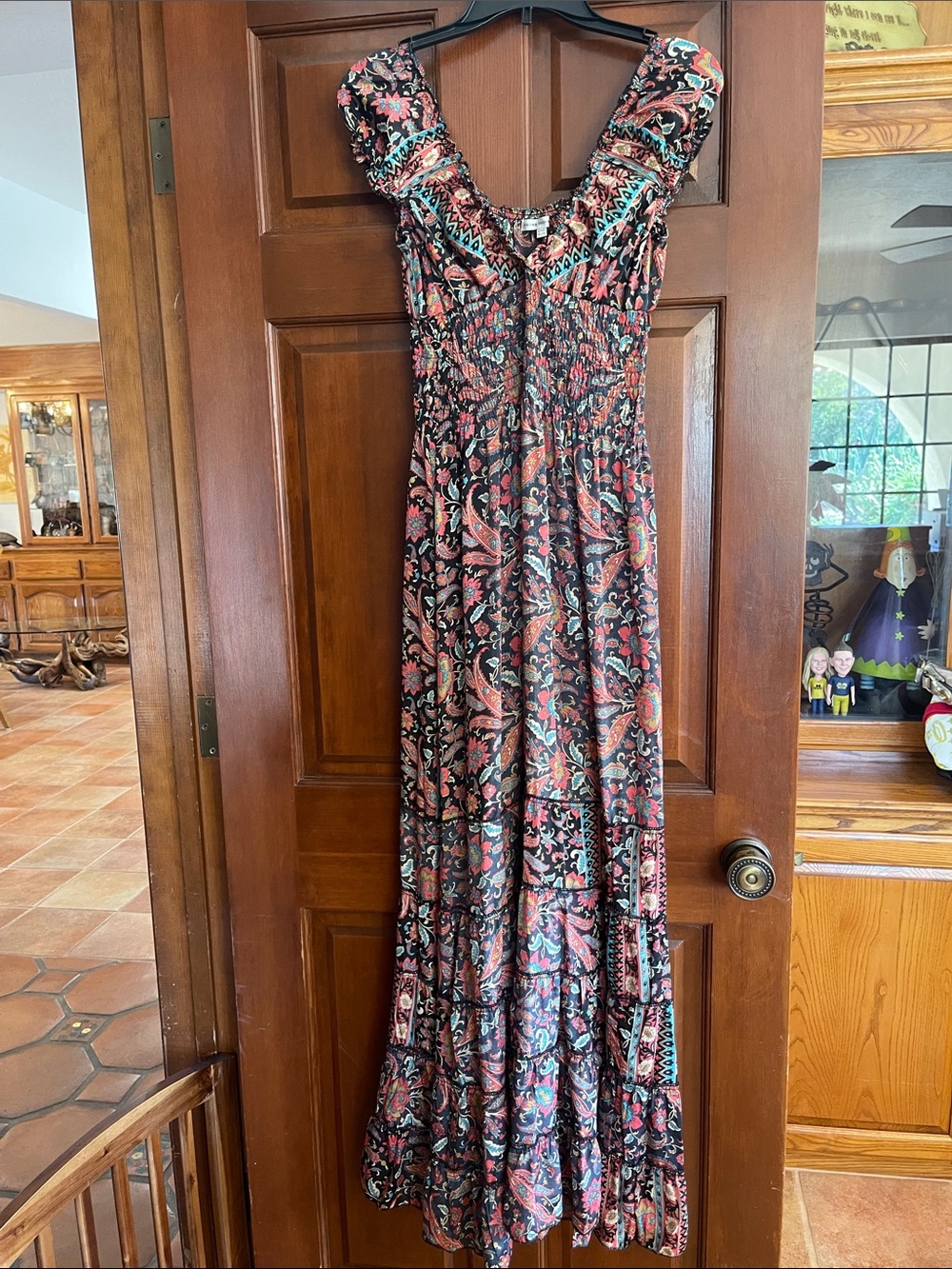 Karma Highway Boho Paisley Floral Block Print Smocked Maxi Dress Sweetheart O/S
